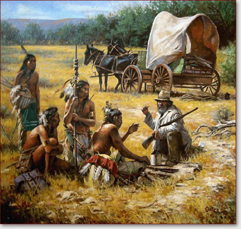 Hombre blanco comerciando con un grupo de lakotas. Pintura de Don Oelze